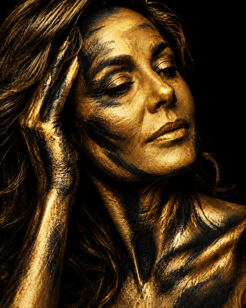 Editorial portrait of a woman with metallic gold and black body paint, resting one hand against her face