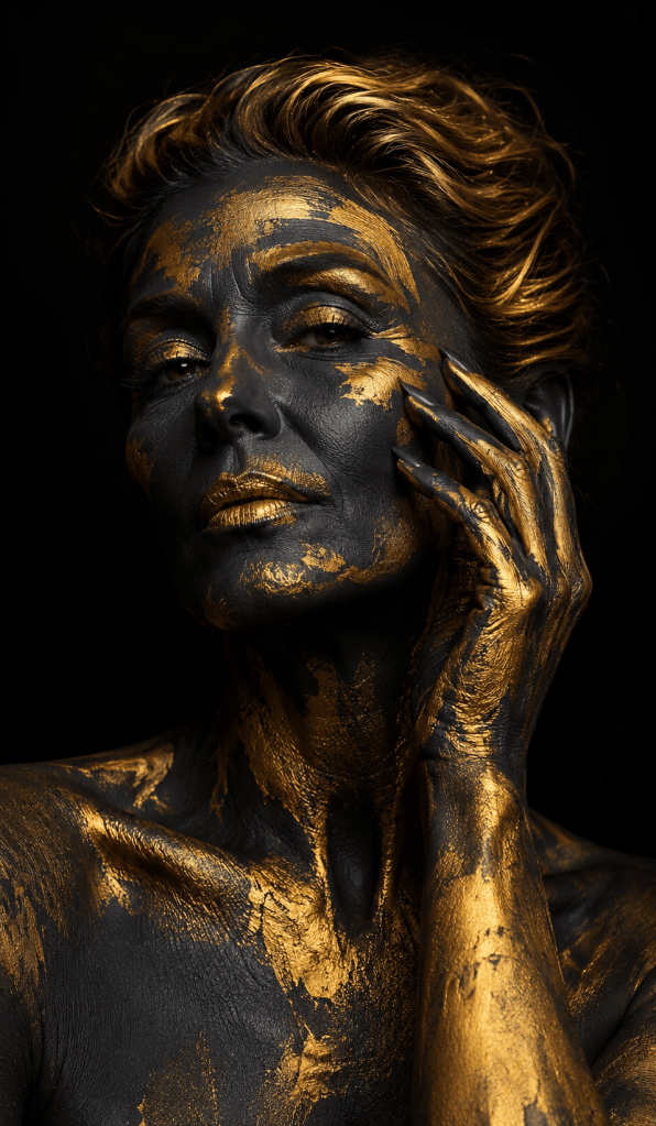 Editorial portrait of a mature woman with black and gold face paint.